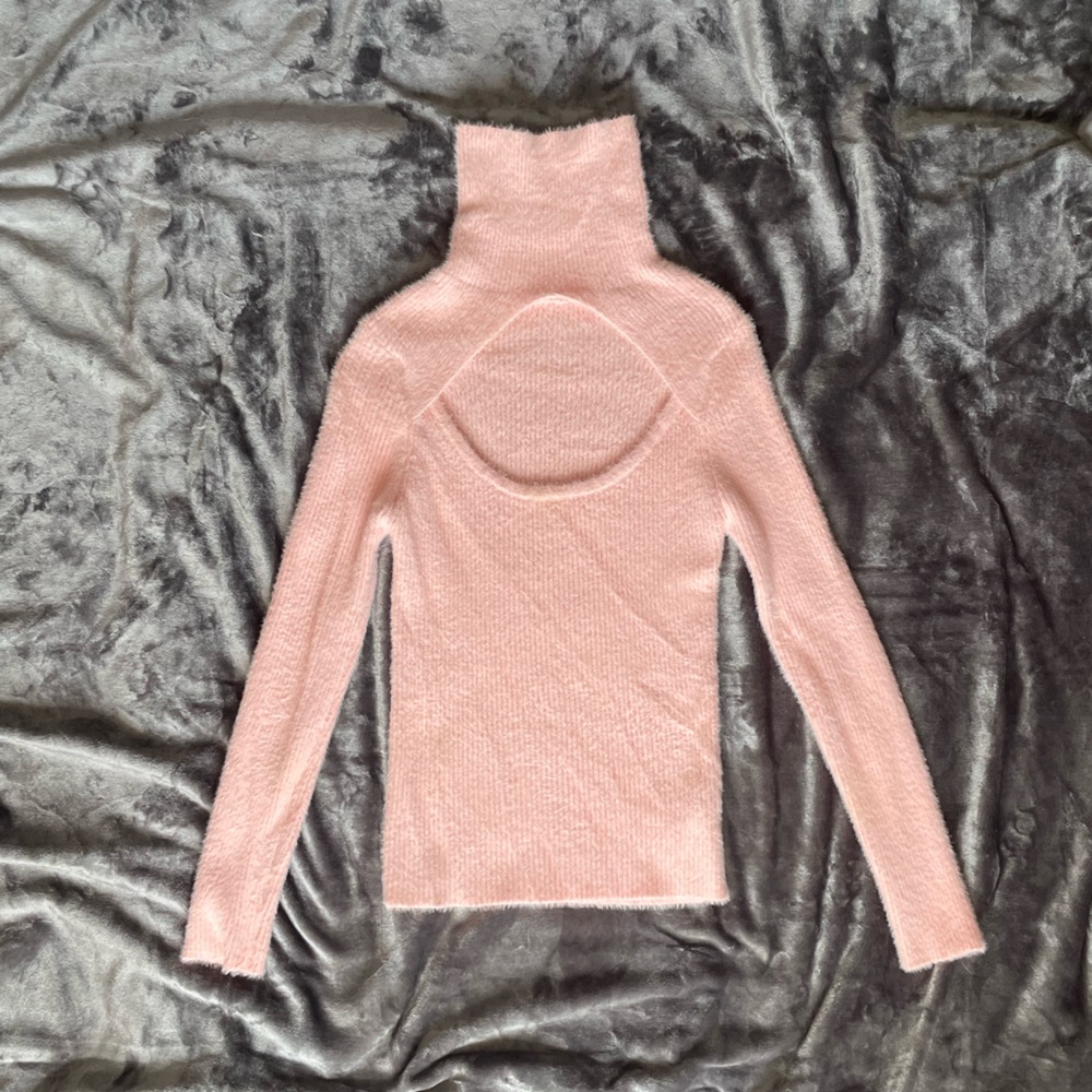Fuzzy Turtleneck Sweater with Cutout in Front
